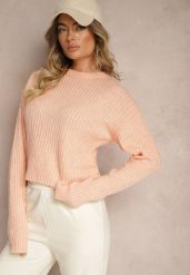Jasnoróżowy Prążkowany Sweter o Klasycznym Pudełkowym Fasonie Omeita. Czerwone swetry damskie Renee, m, bez wzorów, z jeansu, casualowe, bez kołnierzyka, bez ramiączek, długie, bez kaptura. Za 99.99 zł.