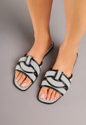 Czarno-Białe Klapki z Geometryczną Cholewką Silanisse. Czarne klapki damskie Born2be, bez wzorów, eleganckie, bez obcasa, na płaskiej podeszwie. Za 59.99 zł.