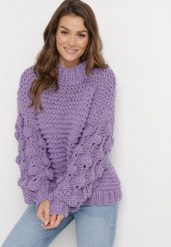 Fioletowy Golf w Ozdobny Splot Asaipal. Fioletowe swetry damskie Born2be, bez wzorów, z dzianiny, bez kołnierzyka, bez ramiączek, bez kaptura. Za 94.99 zł.