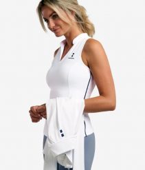 Koszulka Damska Elegance Tennis/Padel/Golf. Białe koszulki sportowe damskie NORDICDOTS, bez wzorów, z materiału, bez kołnierzyka, bez ramiączek, na fitness i siłownię. Za 250.00 zł.