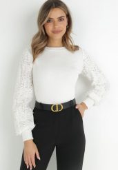 Biały Sweter z Bufiastym Ażurowym Rękawem Cayemi. Białe swetry damskie Born2be, z aplikacjami, z dzianiny, eleganckie, bez kołnierzyka, bez ramiączek, długie, bez kaptura. Za 139.99 zł.