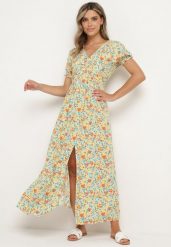 Pomarańczowo-Niebieska Rozkloszowana Sukienka z Wiskozy z Gumką w Pasiei Rozcięciem na Nogę Missani. Brązowe sukienki damskie Born2be, na imprezę, l, bez wzorów, z wiskozy, bez kołnierzyka, bez ramiączek, maxi, rozkloszowane. Za 89.99 zł.