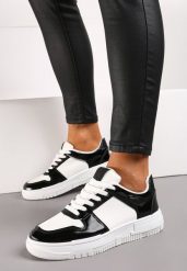 Biało-Czarne Sneakersy na Grubej Podeszwie ze Wstawkami z Brokatu Bizzala. Białe obuwie sportowe damskie Born2be, bez wzorów, trekkingowe. Za 54.99 zł.