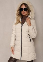 Jasnobeżowa Kurtka z Pikowanego Materiału z Odpinanym Kapturem i Futerkiem Tarlena. Brązowe kurtki damskie Renee, na zimę, l, bez wzorów, z materiału. Za 229.99 zł.