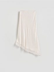 Asymetryczna spódnica z koronką - kremowy. Białe spódnice damskie Reserved, l, bez wzorów, z koronki, asymetryczne. Za 129.99 zł.