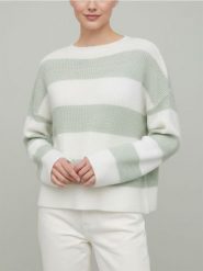 Sweter w pasy z okrągłym dekoltem i długim rękawem - zielony. Zielone swetry damskie Sinsay, l, bez wzorów, bez kołnierzyka, bez ramiączek, długie, bez kaptura. Za 39.99 zł.