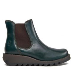 Sztyblety Fly London. Zielone botki damskie Fly London, bez obcasa, na płaskiej podeszwie, bez zapięcia. Za 479.99 zł.