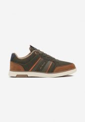 Ciemnobeżowe Sznurowane Buty Sportowe z Ozdobnymi Paskami i Napisem Nastell. Brązowe buty sportowe męskie Born2be, z jeansu, bez zapięcia. Za 139.99 zł.