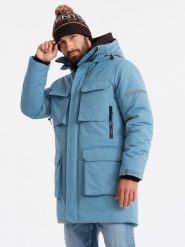 Ocieplana długa męska kurtka z odblaskowymi elementami – niebieska V4 OM-JALJ-0169 - XXL. Niebieskie kurtki męskie Ombre Clothing, l, z aplikacjami, z gumy, eleganckie. W wyprzedaży za 169.99 zł.