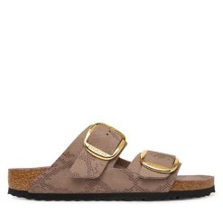 Klapki Birkenstock. Brązowe klapki damskie Birkenstock, bez wzorów, bez obcasa. Za 458.99 zł.