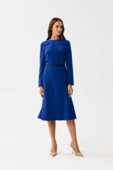 Chabrowa Midi Sukienka Trapezowa z Przeszyciami. Niebieskie sukienki damskie MOE, l, bez wzorów, z elastanu, bez kołnierzyka, bez ramiączek, midi, trapezowe. Za 316.90 zł.