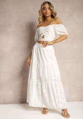 Biały Komplet Ozdobiony Haftem Top z Dekoltem i Rozkloszowana Spódnica Dololia. Białe spódnice damskie Renee, na lato, l, z aplikacjami, z materiału, eleganckie, proste. Za 99.99 zł.