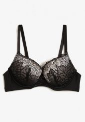 Czarno-Beżowy Biustonosz Push Up z Ozdobną Koronką i Zawieszką Gialine. Czarne biustonosze Renee, z aplikacjami, z koronki. Za 34.99 zł.