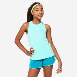 Koszulka bez rękawów dziecięca Decathlon. Zielone t-shirty i topy dla dziewczynek Decathlon, bez wzorów, z materiału, bez ramiączek. Za 24.99 zł.