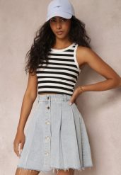 Jasnoniebieska Jeansowa Spódnica Mini z Zakładkami Hollette. Niebieskie spódnice damskie Renee, m, z aplikacjami, z jeansu, eleganckie, mini. Za 49.99 zł.
