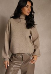 Beżowy Golf Ozdobiony Ściągaczami Wedena. Brązowe swetry damskie Renee, l, bez wzorów, z jeansu, bez kołnierzyka, bez ramiączek, bez kaptura. Za 69.99 zł.