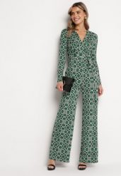 Zielony Wzorzysty Kombinezon z Długim Rękawem i Szerokimi Spodniami z Wiązaniem w Pasie Vilati. Zielone sukienki damskie Born2be, l, bez wzorów, eleganckie, bez kołnierzyka, bez ramiączek. Za 149.99 zł.