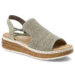 Sandały damskie Rieker, cholewka z materiału tekstylnego o plecionej strukturze odkrytą piętą na lekkiej platformowej podeszwie, zielone, 62741-52. Zielone klapki damskie Rieker, bez wzorów, bez obcasa, na platformie. Za 319.00 zł.