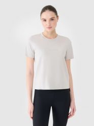 4F T-shirt regular z nadrukiem damski - szary M. Szare koszulki sportowe damskie 4f, m, bez wzorów, z bawełny, bez kołnierzyka, bez ramiączek. W wyprzedaży za 29.99 zł.
