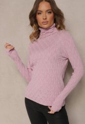 Jasnofioletowy Golf z Wiskozą w Tłoczony Wzór Przeszyty Metaliczną Nitką Neldora. Fioletowe swetry damskie Renee, na zimę, bez wzorów, z jeansu, eleganckie, bez kołnierzyka, bez ramiączek, bez kaptura. Za 79.99 zł.