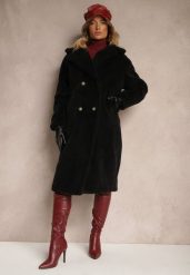Czarny Dwurzędowy Płaszcz z Futerkiem Zelirra. Czarne płaszcze damskie Renee, xl, bez wzorów, z dzianiny, eleganckie, bez kaptura. Za 119.99 zł.