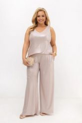 Elegancki komplet damski połyskujący Asteria: top i szerokie spodnie z lurexu | PLUS SIZE OVERSIZE LATO NA WESELE. Spodnie materiałowe damskie Moda Size Plus Iwanek, l, bez wzorów, z elastanu. Za 339.90 zł.
