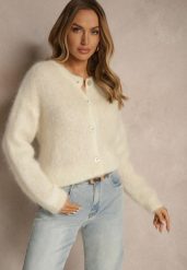 Jasnobeżowy Kardigan z Moheru w Eleganckim Stylu Koriano. Brązowe kardigany damskie Renee, bez wzorów, eleganckie, bez kołnierzyka, bez ramiączek, długie, bez kaptura. Za 329.99 zł.