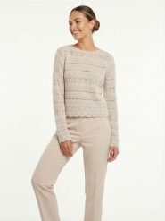 Ażurowy sweter z ozdobnym wzorem - kremowy. Białe swetry damskie Sinsay, l, w ażurowe wzory, bez kołnierzyka, bez ramiączek, bez kaptura. Za 49.99 zł.