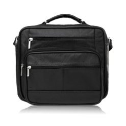 Skórzana torba męska na ramię do pracy na co dzień Abruzzo ABR-16. Czarne torby na ramię męskie z aplikacjami, z materiału, biznesowe, do ręki. Za 164.00 zł.