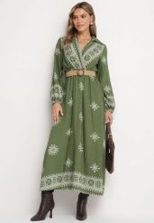 Zielona Kopertowa Sukienka z Wiskozą z Paskiem i Gumką w Talii w Etniczny Wzór Zindoria. Zielone sukienki damskie Born2be, na co dzień, l, bez wzorów, z wiskozy, eleganckie, bez kołnierzyka, bez ramiączek, maxi, kopertowe. Za 59.99 zł.