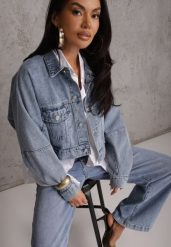 Niebieska Kurtka Jeansowa z Bawełny Typu Crop Bomber Jacket Veloma. Niebieskie kurtki damskie Renee, m, bez wzorów, z bawełny, bez kaptura. Za 189.99 zł.