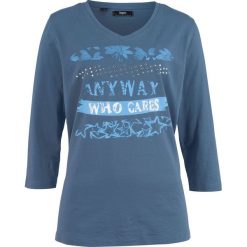 Shirt bawełniany z metalowymi ćwiekami i rozcięciem, rękawy 3/4 bonprix indygo z nadrukiem. Bluzki damskie marki bonprix. Za 24.99 zł.