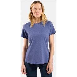 T-shirt Odlo damski do biegania ESSENTIAL 365. Fioletowe koszulki sportowe damskie Odlo, bez wzorów, bez kołnierzyka, bez ramiączek, do biegania. Za 199.99 zł.