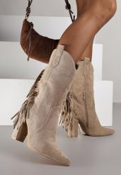 Ciemnobeżowe Botki Kowbojki na Słupku Ozdobione Frędzlami Reikka. Brązowe botki damskie Renee, z jeansu, bez obcasa, na obcasie, bez zapięcia. Za 149.99 zł.