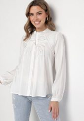 Biała Koszula z Ozdobnym Haftem Nanania. Białe bluzki damskie Born2be, l, bez wzorów, z jeansu, eleganckie, bez kołnierzyka, bez ramiączek. Za 129.99 zł.