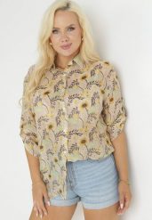Żółta Koszula w Kwiaty z Podpinanymi Rękawami 3/4 Rosedris. Żółte bluzki damskie Born2be, l, bez wzorów, bez kołnierzyka, bez ramiączek. Za 54.99 zł.