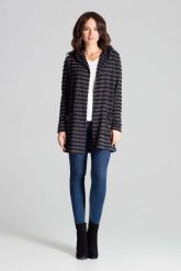 Czarny Niezapinany Sweter w Paski z Kapturem. Czarne kardigany damskie Katrus, l, bez wzorów, z elastanu, bez kołnierzyka, bez ramiączek, z kapturem. Za 219.00 zł.