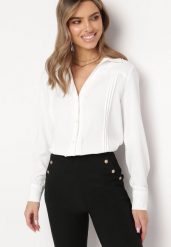 Biała Koszula z Koronkową Lamówką Latorena. Białe bluzki damskie Born2be, l, bez wzorów, z koronki, eleganckie, bez kołnierzyka, bez ramiączek. Za 74.99 zł.