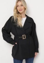 Czarny Krótki Płaszcz z Bufiastymi Rękawami i Elastycznym Paskiem z Klamrą Lirenda. Czarne płaszcze damskie Born2be, l, bez wzorów, eleganckie, krótkie, bez kaptura. Za 159.99 zł.