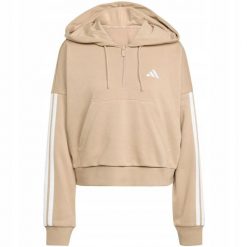 Bluza damska Essentials 3-Stripes French Terry Hoodie Quarter Zip. Brązowe bluzy damskie Adidas, bez wzorów, z bawełny, z kapturem. Za 200.99 zł.