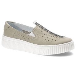 Półbuty damskie Pollonus, na platformie z perforowanej skóry z elastycznymi wstawkami, waniliowe, 5-1371-002. Brązowe półbuty damskie Pollonus, na lato, bez wzorów, ze skóry, biznesowe, bez obcasa, na platformie, bez zapięcia. Za 212.99 zł.