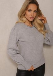 Szary Sweter z Modalem i Wiskozą Ozdobiony Bufiastymi Rękawami i Splotem przy Dekolcie Enareth. Szare swetry damskie Renee, m, bez wzorów, z jeansu, casualowe, bez kołnierzyka, bez ramiączek, bez kaptura. Za 69.99 zł.