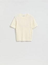 Strukturalny sweter z wiskozą - złamana biel. Swetry damskie Reserved, l, bez wzorów, z dzianiny, bez kołnierzyka, bez ramiączek, bez kaptura. Za 79.99 zł.