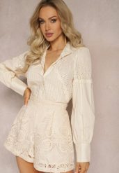 Beżowa Bawełniana Koszula w Stylu Retro ze Stójką Ozdobiona Ażurowymi Wstawkami Hesllema. Brązowe bluzki damskie Renee, l, w ażurowe wzory, z bawełny, eleganckie, bez kołnierzyka, bez ramiączek. Za 89.99 zł.