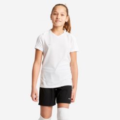 Koszulka do piłki nożnej dla dziewczynek Kipsta Viralto. Białe t-shirty i topy dla dziewczynek KIPSTA, bez wzorów, z materiału, bez ramiączek. W wyprzedaży za 24.99 zł.