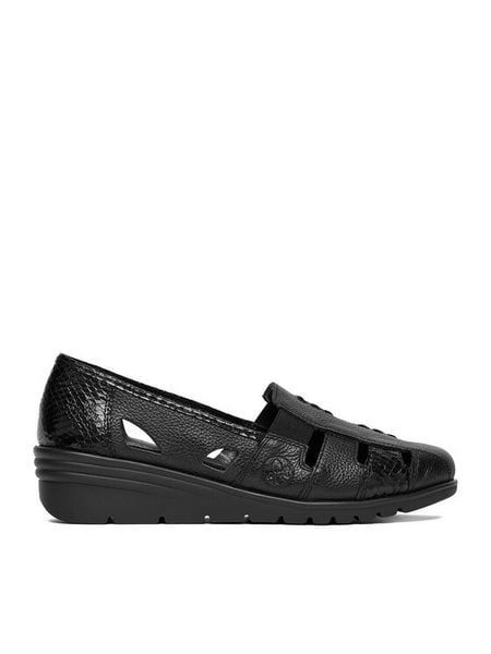 Rieker Półbuty L5358-00 Czarny. Czarne półbuty damskie Rieker, bez wzorów, ze skóry, bez obcasa, na koturnie, bez zapięcia. Za 349.99 zł.