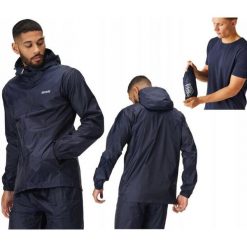 Kurtka przeciwdeszczowa dla mężczyzn Regatta RMW281 z kapturem. Niebieskie kurtki sportowe męskie Regatta, m, bez wzorów, trekkingowe. W wyprzedaży za 109.99 zł.