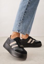 Czarno-Beżowe Skórzane Sneakersy na Grubej Podeszwie z Geometrycznym Wzorem Rivimi. Czarne obuwie sportowe damskie Born2be, bez wzorów, z dzianiny. Za 219.99 zł.