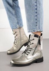 Szaro-Złote Botki w Stylu Vintage ze Sznurowaniem Vemlora. Szare botki damskie Renee, z jeansu, rockowe, bez obcasa, na płaskiej podeszwie, bez zapięcia. Za 149.99 zł.