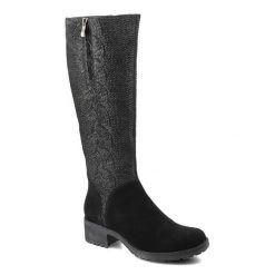 Kozaki damskie Robson, na niskim obcasie ze skóry naturalnej, czarne, 5086. Czarne kozaki damskie Robson, z dzianiny, przed kolano, bez obcasa, na obcasie. Za 339.00 zł.